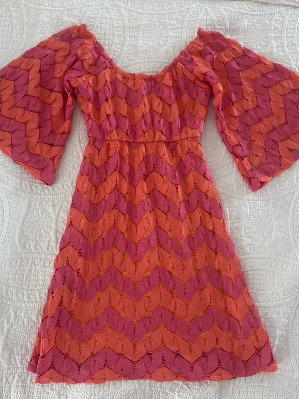 Judith March Pink & Orange Chevron Lace Off-Shoulder Mini Dress